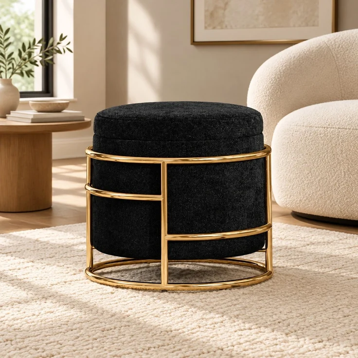 Hocker H 39 x T 42 x B 42 cm, schwarzer Polyester-Samt, Stauraum und goldfarbener Stahlrahmen, 1 Stück – Bild 7
