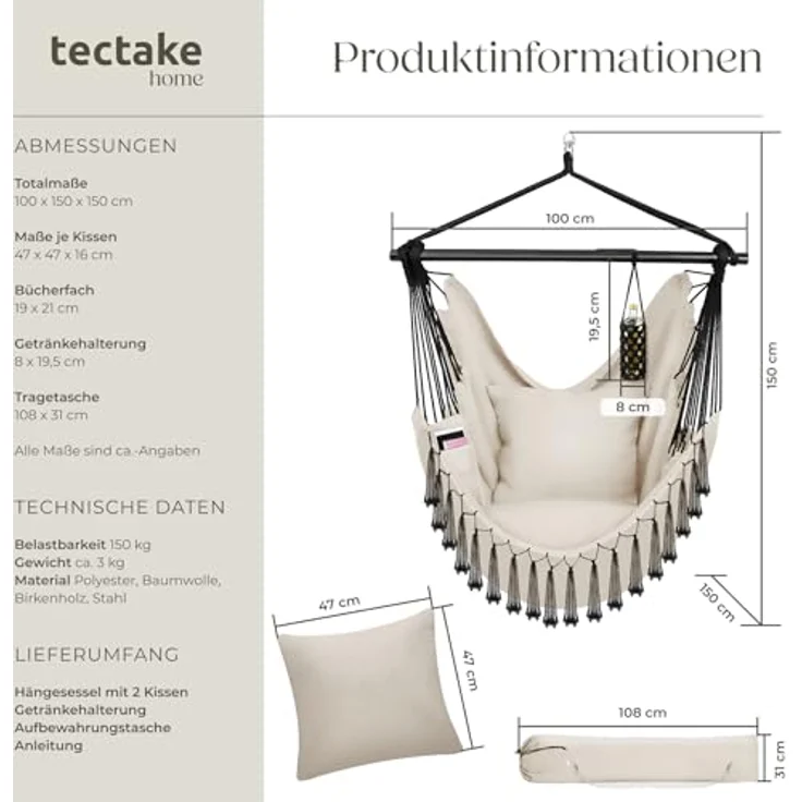 tectake Hängesessel Malika, Beige, Ultrabequemer Hängesitz im Boho-Style mit Kissen, Bücherfach und Getränkehalterung, 100x150x150 cm – Bild 2
