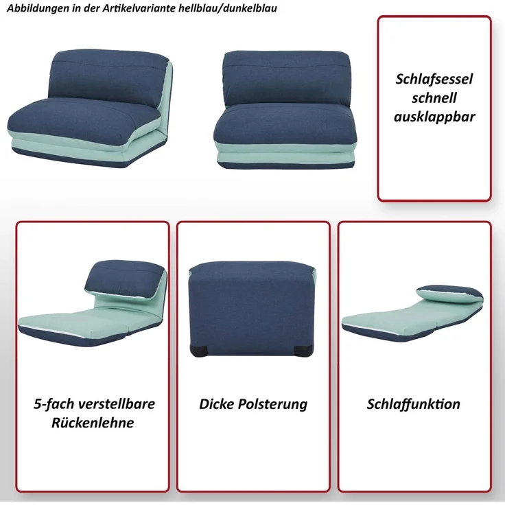 Schlafsessel HWC-E68, Schlafsofa Funktionssessel Klappsessel Relaxsessel, Stoff/Textil ~ hellblau – Bild 2