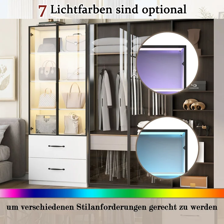 Vitrine 60x40x160 cm mit Sicherheitsglas, 7-farbiger LED-Beleuchtung und 2 Schubladen, Weiß – Bild 8
