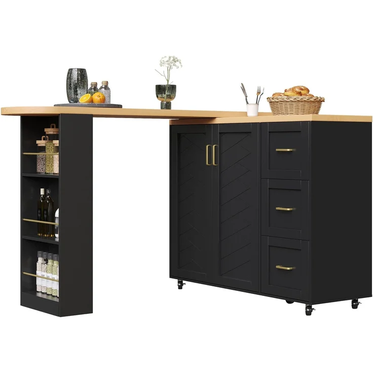 Merax Verlängerbarer Barwagen mit 2 Türen & 3 Schubladen (135-228 x 39 x 104 cm), rollbar, Bartisch in Schwarz, Arbeitsplatte in Holzoptik – Bild 10