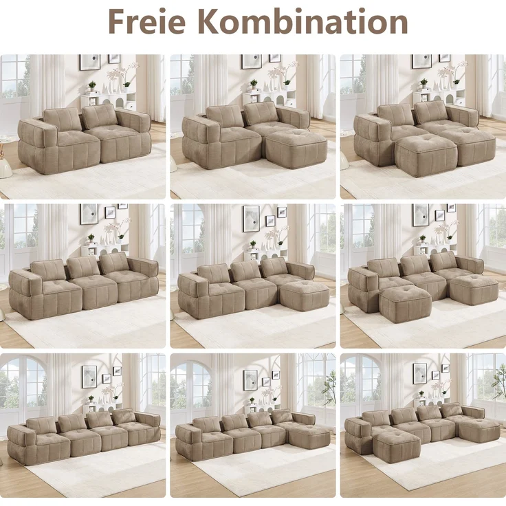 EINHOM 3-Sitzer U-förmiges Modulsofa mit 2 Hockern, ohne Gestell, 32D-Hochdichteschaum, tiefe Sitzfläche, hautfreundlicher, weicher Stoff, ideal für Wohnzimmer, keine Montage erforderlich, Sand – Bild 7