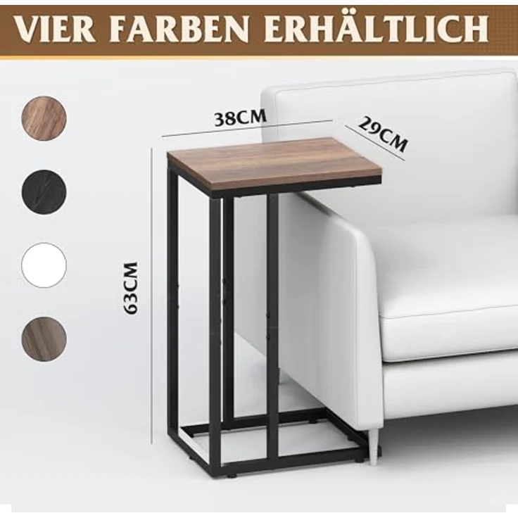 WLIVE Beistelltisch C Form, Nachttisch für Schlafzimmer, Wohnzimmer, Beistelltische mit Metallrahmen, Wohnzimmer Tisch für Couch, Sofatisch Braun – Bild 4