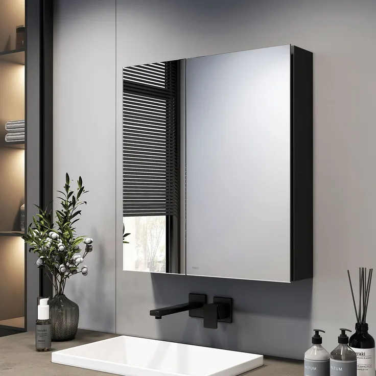 EMKE Spiegelschränke 60x65cm Spiegelschrank Badschrank mit Doppelseitiger Spiegel (Schwarz)