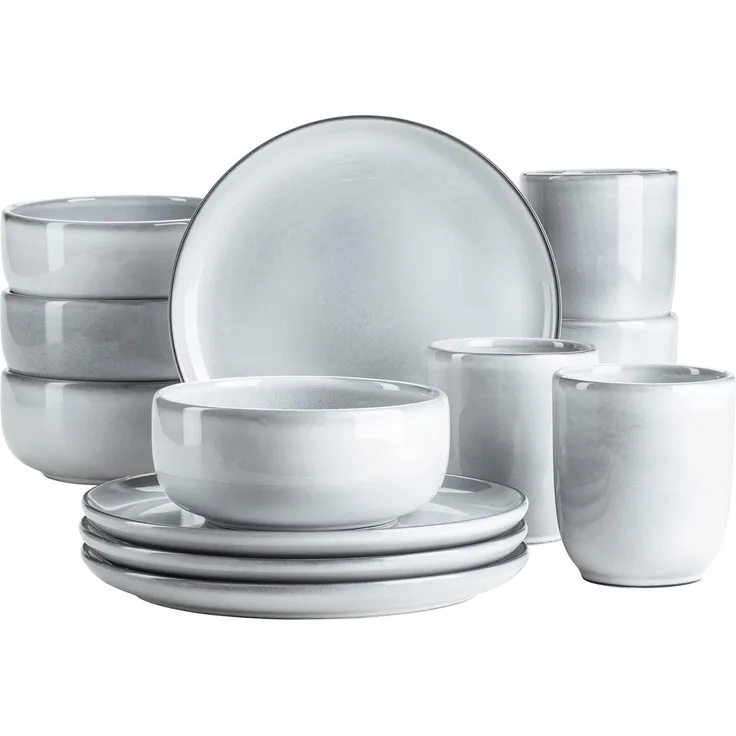 Frühstücksgeschirr Set für 4 Personen mit henkellosen Kaffeebechern, moderne nordische Formen, 12-teiliges Service; Blau