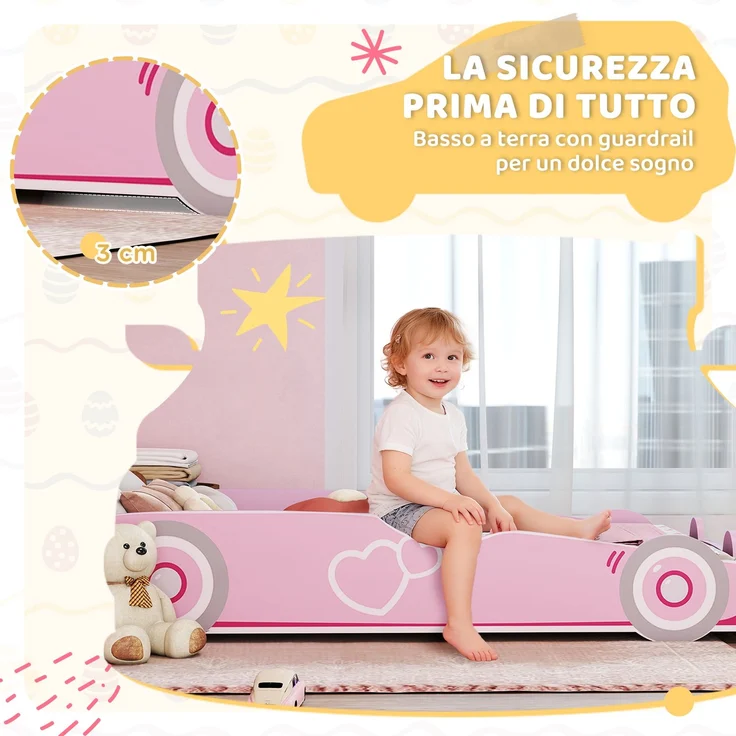 JARDJ Autoförmiges Kinderbett für 3- bis 5-Jährige mit erhöhten Sicherheitsseiten, 140 x 70 cm, Rosa – Bild 7