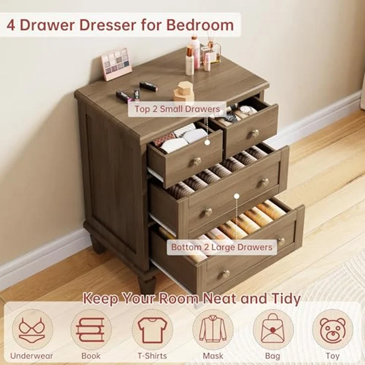 IDEALHOUSE Vintage Kommode mit 4 Schubladen, Holz-Schubladenschrank mit 2 kleinen & 2 großen Schubladen, Geschnitzte Griffe & konische Beine, Hellbraun – Bild 7