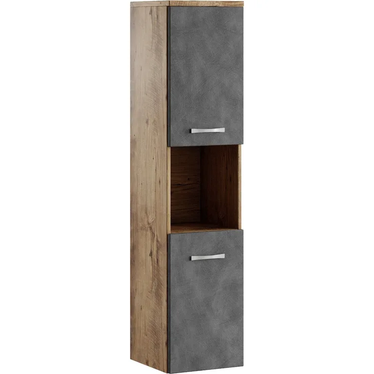 Badplaats Badezimmerschrank Montreal 30 x 30 x 131 cm Kastanien Eiche mit Dunkel Grau - Hoch Badschrank Mit 2 Türen
