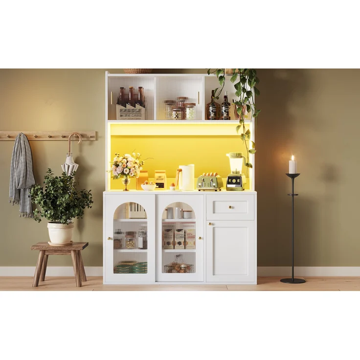 Küchenschrank, Hochschrank, Vitrinenschrank, Buffetschrank mit Verstellbaren Ablagen, Esszimmerschrank, Sideboard mit LED-Beleuchtung, Weiß--Weiß--120x35x167cm--YOUDENOVA – Bild 4