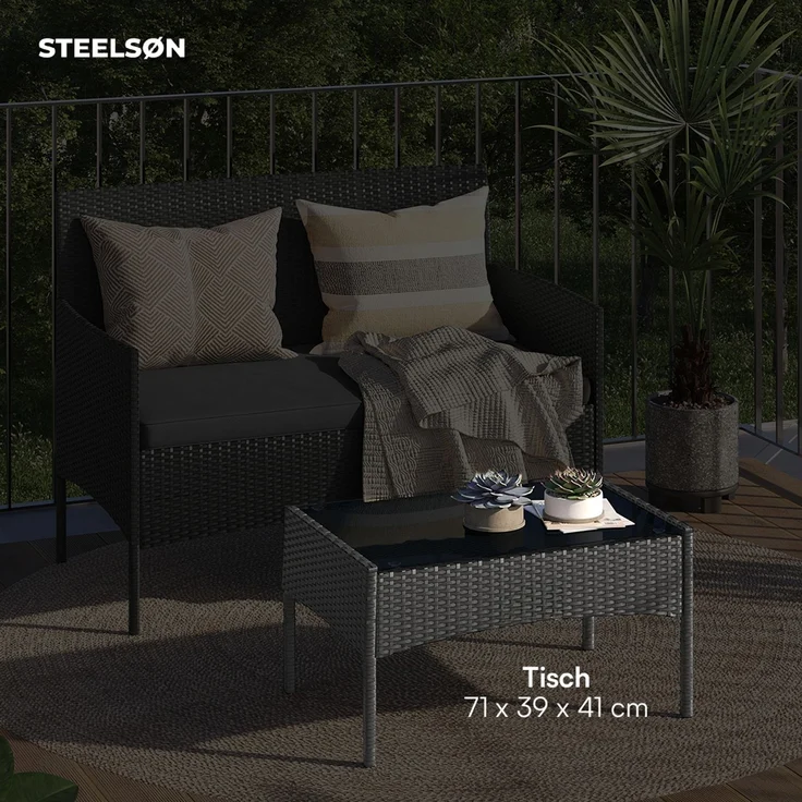 STEELSØN 'Thalora' Gartentisch, schwarz, 39x40x60 cm, aus Polyrattan mit Glasplatte – Bild 5