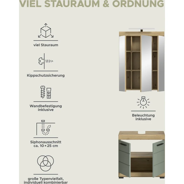 Xonox Scout Badkombination (B/H/T: 60x191x34 cm) in Salbei und Artisan Eiche Nachbildung – Bild 11