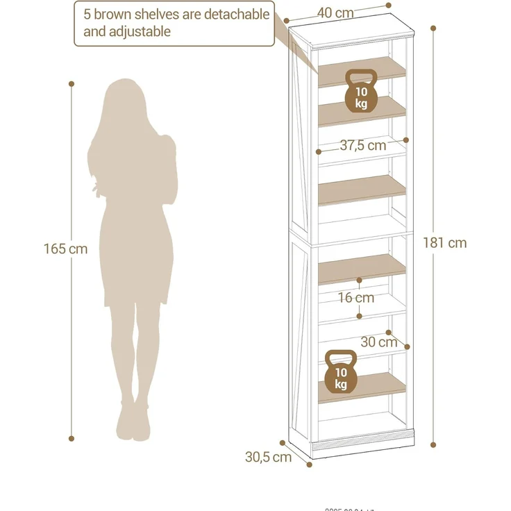 Schuhschrank, Freistehender Schuhkommode mit 18-20 Paar, Verstellbare Regalböden, Schuhkipper für Eingang, Wohnzimmer, Schlafzimmer, 10 Ebenen(40B cm), Weiß – Bild 8