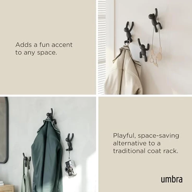 Umbra Buddy Haken - Dekorative Wandhaken Garderobe für Jacken, Schals, Taschen, Rucksäcke, Handtücher und Mehr, 3er-Set, Schwarz – Bild 5