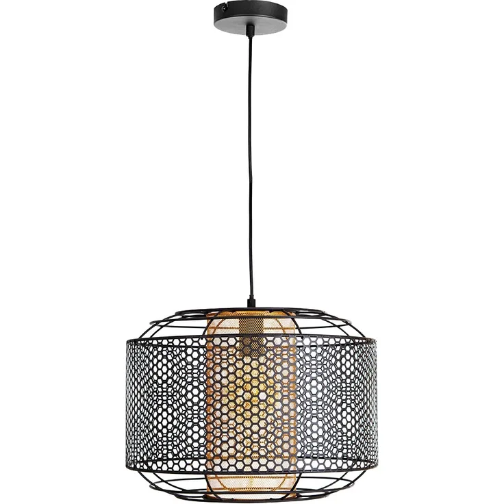 Hängelampe, Metall, goldfarbener Zylinder, Gitter, H 150 cm