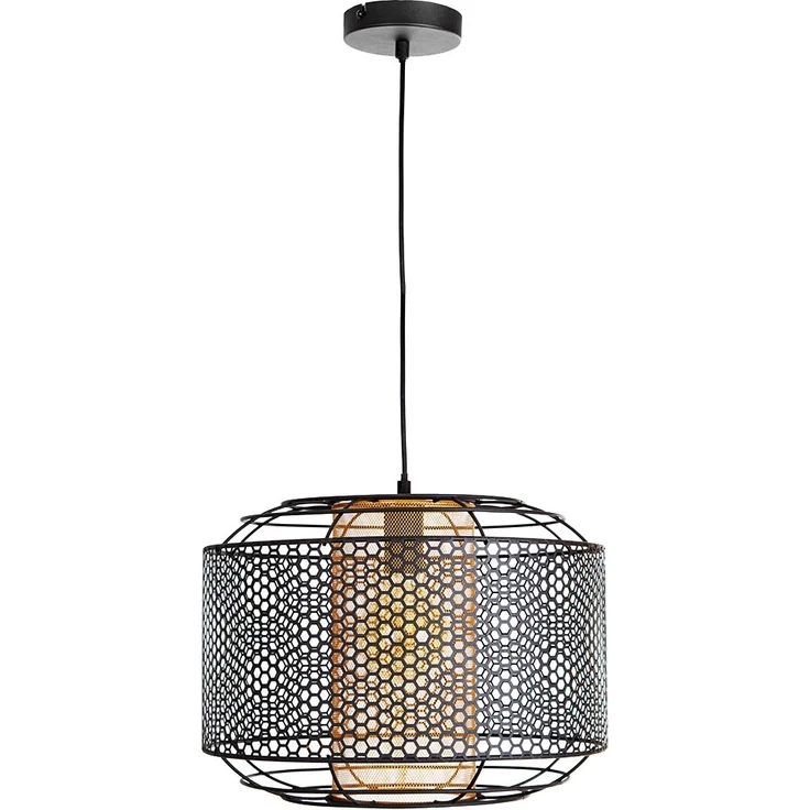 Hängelampe, Metall, goldfarbener Zylinder, Gitter, H 150 cm – Bild 1
