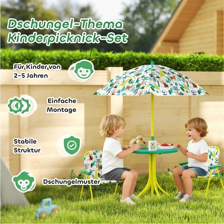 AIYAPLAY Garten-Kindersitzgruppe mit abnehmbarem Sonnenschirm, (Kindertisch mit 2 Klappstühlen, 4-tlg, Kindersitzgarnitur), für Kinder 2-5 Jahre, für Garten, Hinterhof, Terrasse, Grün – Bild 3