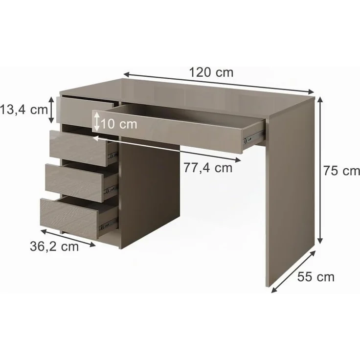 Schreibtisch Sherry Greige Hochglanz 55 x 120 cm mit Schubladen Vicco – Bild 3