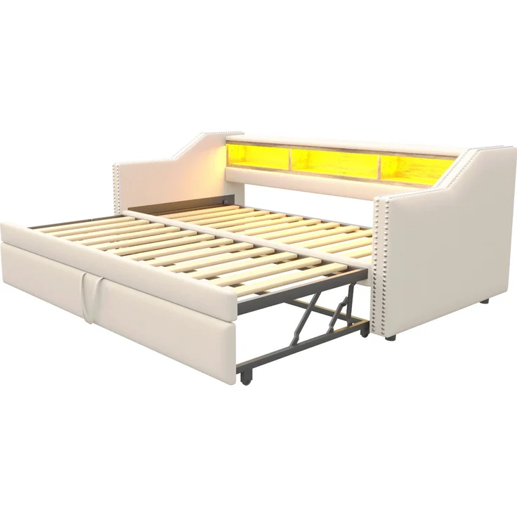 Polsterbett Ausziehbares Schlafsofa 90/180 x 190 cm, Multifunktionales Staufach, LED-Licht und USB-Buchse, mit Lattenrost, Beige – Bild 8