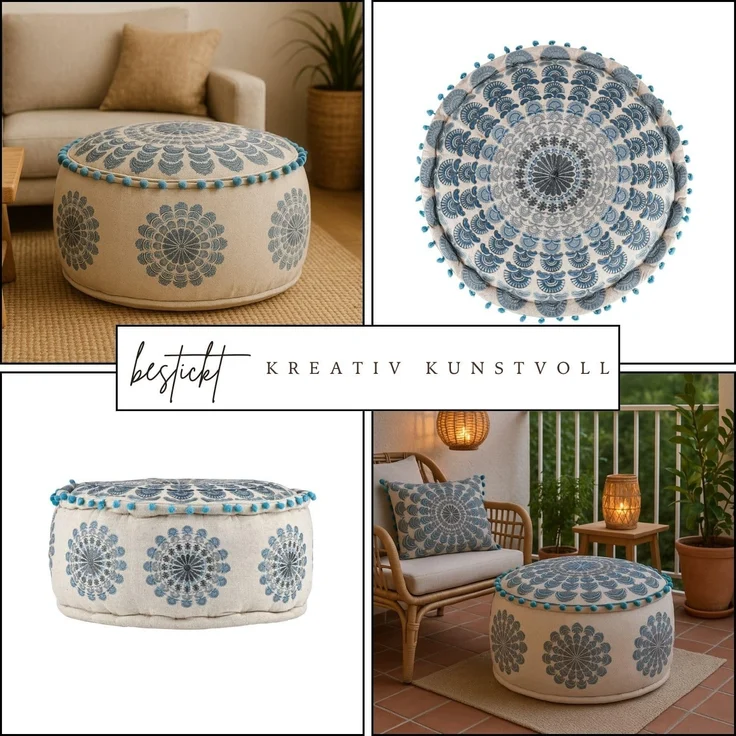 Marrakesch Orient & Mediterran Interior Pouf Pouf Garet Blau, runder Baumwoll-Sitzpouf bestickt 50x25 cm (1-St), Handarbeit – Bild 4