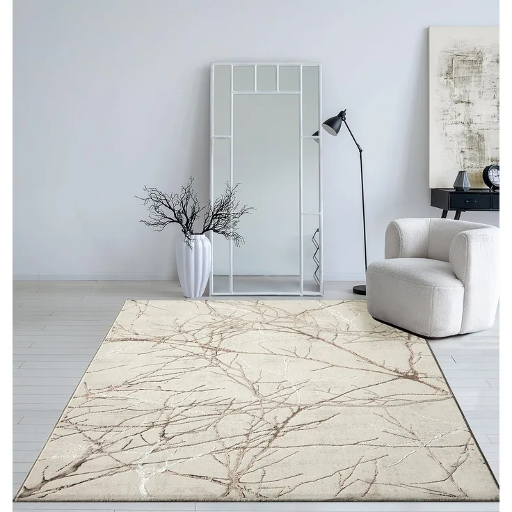 Mia's Teppiche Cielo Moderner Dichter Kurzflor Teppich, Wohnzimmer, Schlafzimmer, Eleganter Glanz, Glanzfaser, Hoch-Tief Effekt, Feder, Creme, 140x200 cm