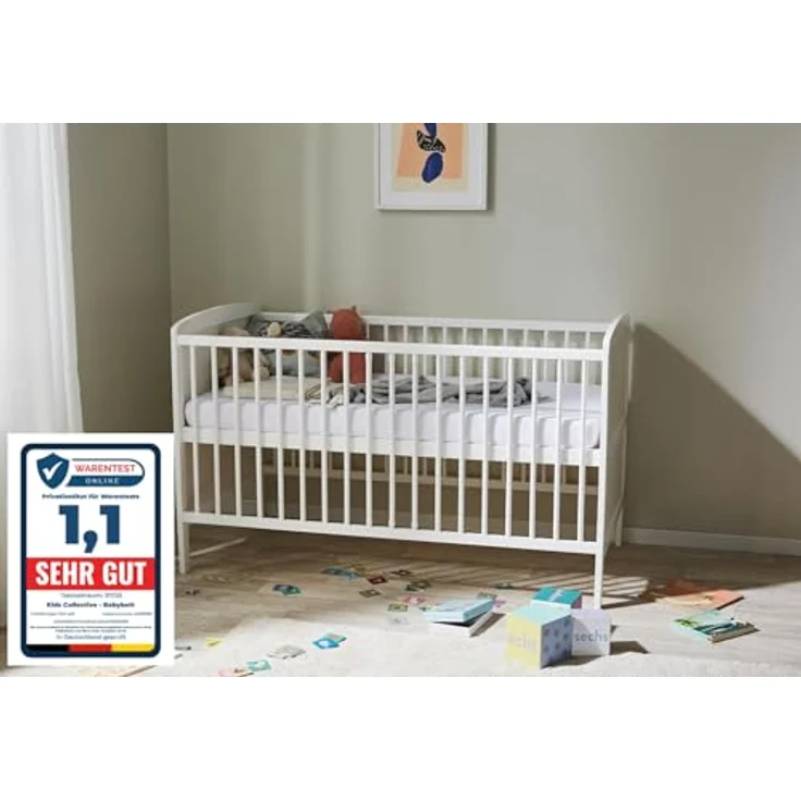Babybett Kinderbett 70x140 Umbaubares Gitterbett höhenverstellbar & herausnehmbare Sprossen optional mit Matratze | Weiss Vollholz Kiefer Made in Europe – Bild 4