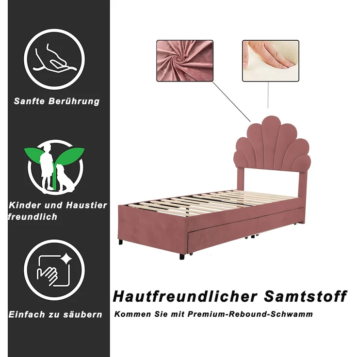 Polsterbett Kinderbett 90x200 cm, Bettrahmen mit geblümtem Kopfteil und Lattenrost, mit 2 Ablagefächern, Mädchenbett-Gästebett aus hautfreundlichem Samtstoff, Rosa – Bild 4