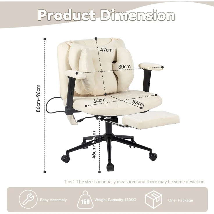 Drehstuhl aus Stoff, mit verstellbarer Lendenstütze und Rollen, 80x55x86 cm, Beige – Bild 3