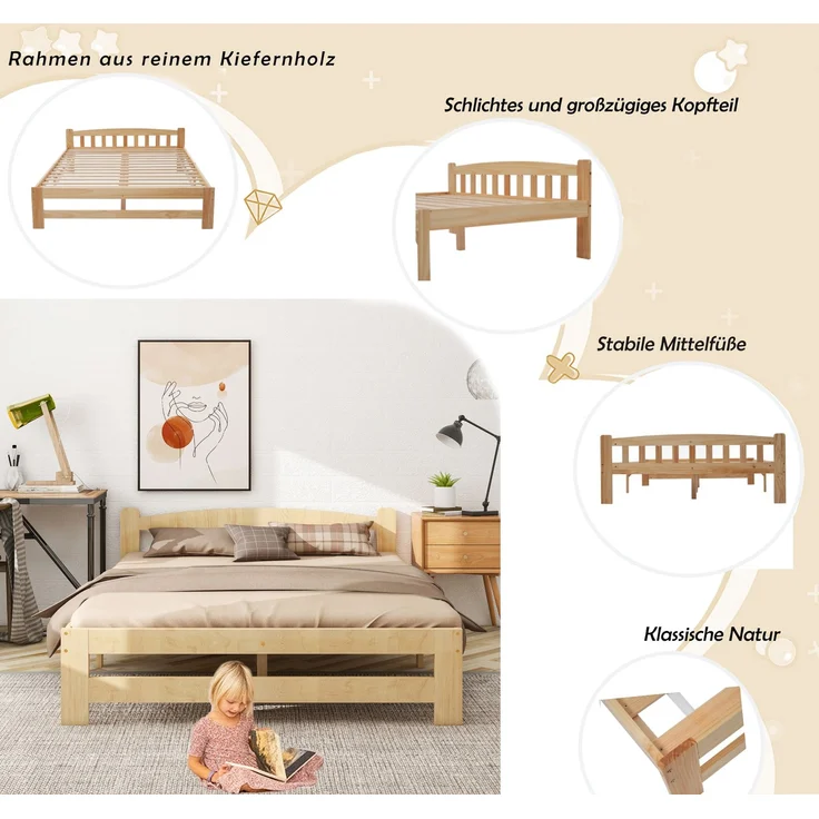 Doppelbett 140x200 cm Futonbett Kiefer Massivholz Naturholz Lattenrost robust Schlafzimmerbett – Bild 4