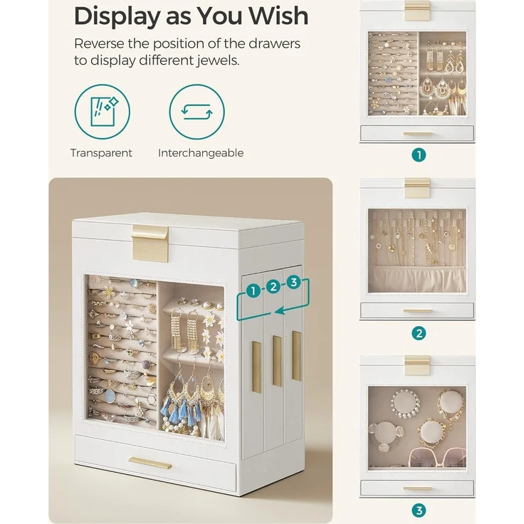 Songmics Schmuckkästchen, Schmuckkasten 5 Ebenen, Schmuckbox, Glasfenster, seitliche Schubladen, großer Spiegel, Schmuckaufbewahrung, 15,5 x 26,1 x 32 cm, wolkenweiß-metallisches Gold JBC162W01 – Bild 3