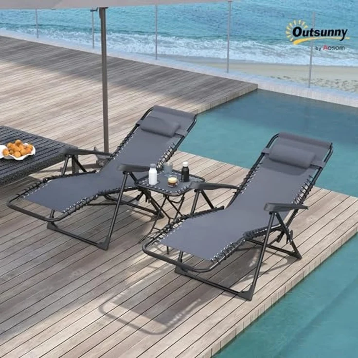 Outsunny Relaxliege mit abnehmbaren Kopfstützen, Beistelltisch, Sonnenliege 3 Teile, für Garten Terrasse Pool Grau – Bild 2