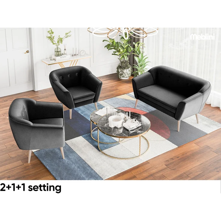 MEBLINI Mini Sofa Set 2-1 für Wohnzimmer - Mini Lounge für drei Personen - Küchensofa - Sofa Klein - Sitzgarnitur - Polstergarnitur - Sofagarnituren - DORIS - 2+1 - Schwarz Samt – Bild 5