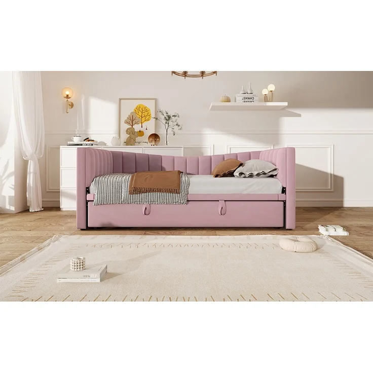 ZUBALIYA Tagesbett 90x200 / 180x200 cm, Bezug aus Samt, Außenmaße 215 x 196,5 x 75 cm, als Schlafplatz für Schlafzimmer und Gästezimmer, Rosa – Bild 11