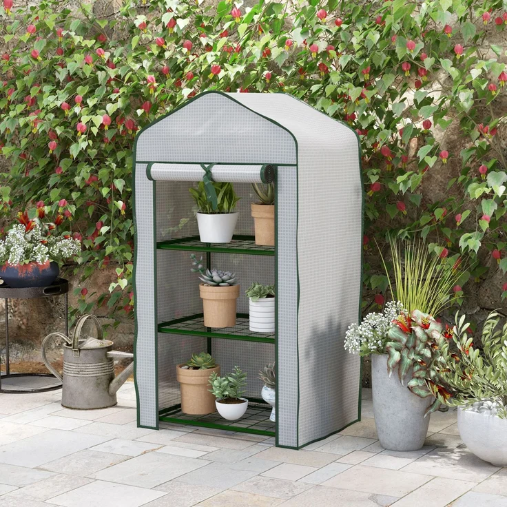 MELAYR, Gartenregal für Gewächshaus, 3 Ebenen, Maße 59 x 39 x 127 cm (L x B x H), pulverbeschichtetes Metall, grün, Weiß – Bild 4