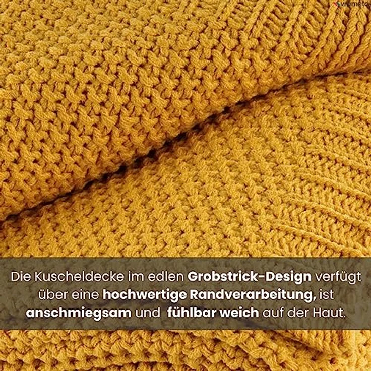 wometo Strickdecke Gelb, 140x190 cm, Oeko-Tex®, pflegeleicht, hochwertige Grobstrick-Optik – Bild 5