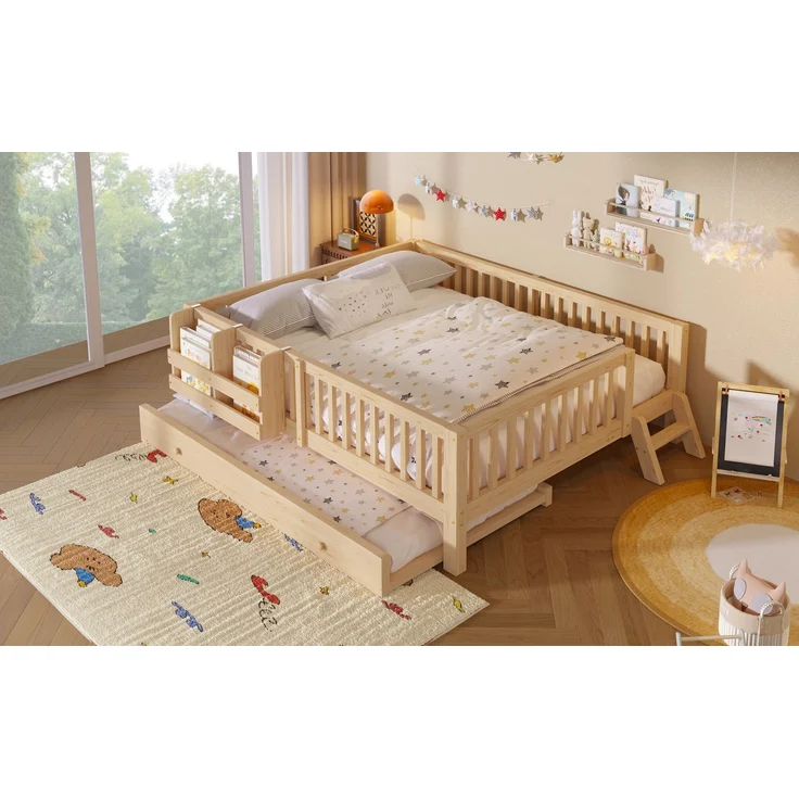 ZUBALIYA Holzbett 140 x 200 cm – Ausziehbett, flexible Montage, Geländer, MDF, Kiefer, Holzfarbe – Bild 10