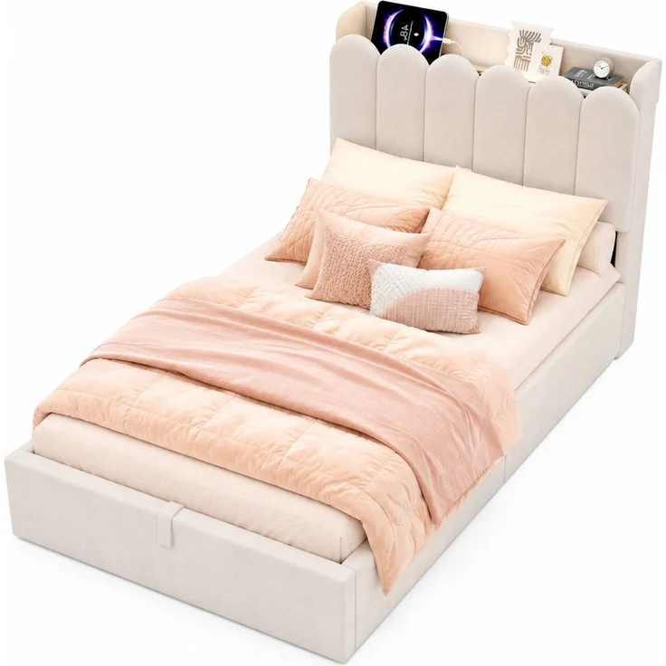 CHICFURN Polsterbett aus Samt, Beige, 90x200 cm, mit Stauraum und USB- und Type-C-Anschlüssen, mit Lattenrost – Bild 7