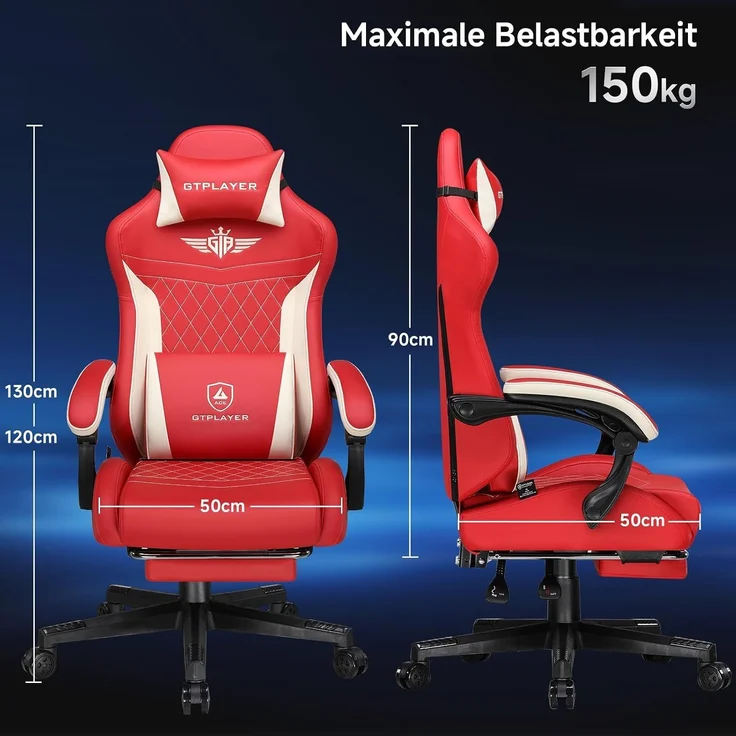 GTPLAYER Gaming Stuhl, Ergonomischer Gamer Stuhl aus PU-Leder mit Lendenwirbelstütze, PC-Stuhl mit verbreiterter Rückenlehne, Belastbar bis 150 kg, Rot – Bild 8