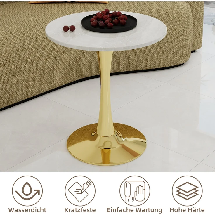 Novelux Runder Kaffeetisch Gold 70cm, Marmortisch Rund Weiß, Mid-Century Modern Esstisch für 2-4 Personen, Platzsparender Wohnzimmertisch – Bild 5