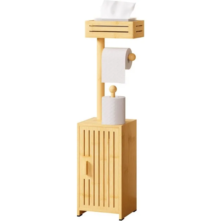 Yorbay Toilettenpapierhalter Schmaler Aufbewahrungsschrank mit Ablagefläche & Rollenhalter, Bambus Badezimmerschrank 20 x 17 x 73.5 cm