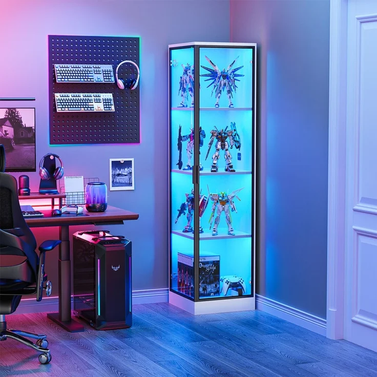 Eckvitrine 85x165x36 cm, Glasvitrine mit LED-Beleuchtung, Körpersensor und 4 Regalböden, Weiß – Bild 3