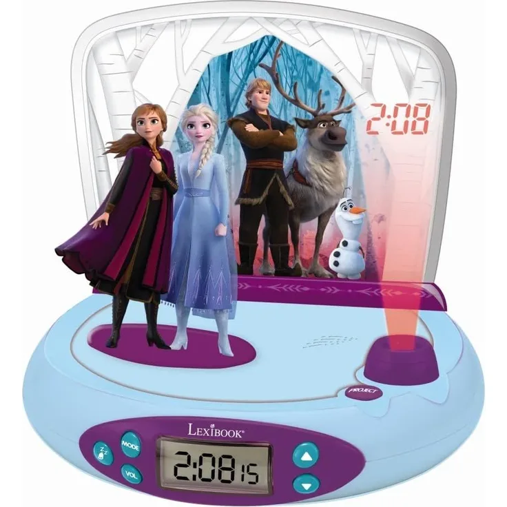 Lexibook RP510FZ_50 Disney Frozen Die Eiskönigin 2 ELSA & Anna, Projector-wecker mit Klingeltönen, Nachtlicht, projeziert die Zeit an die Wand, Soundeffekte, mit Batterien, Blau/lila