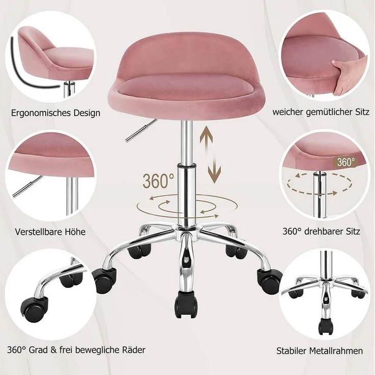 WOLTU Bürohocker mit Rollen, Drehhocker höhenverstellbar, Rollrocker mit niedriger Rückenlehne, Arbeitshocker Rosa, Sitzhöhe 43-54,5 cm BS127rs – Bild 3