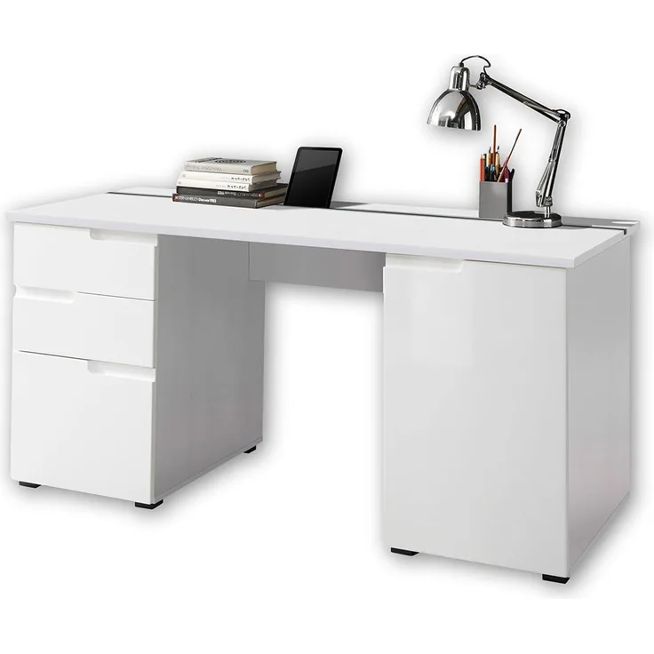 'Spice 2' Schreibtisch mit 2 Türen und 2 Schubladen, MDF weiß Hochglanz, 158 x 76 x 67 cm