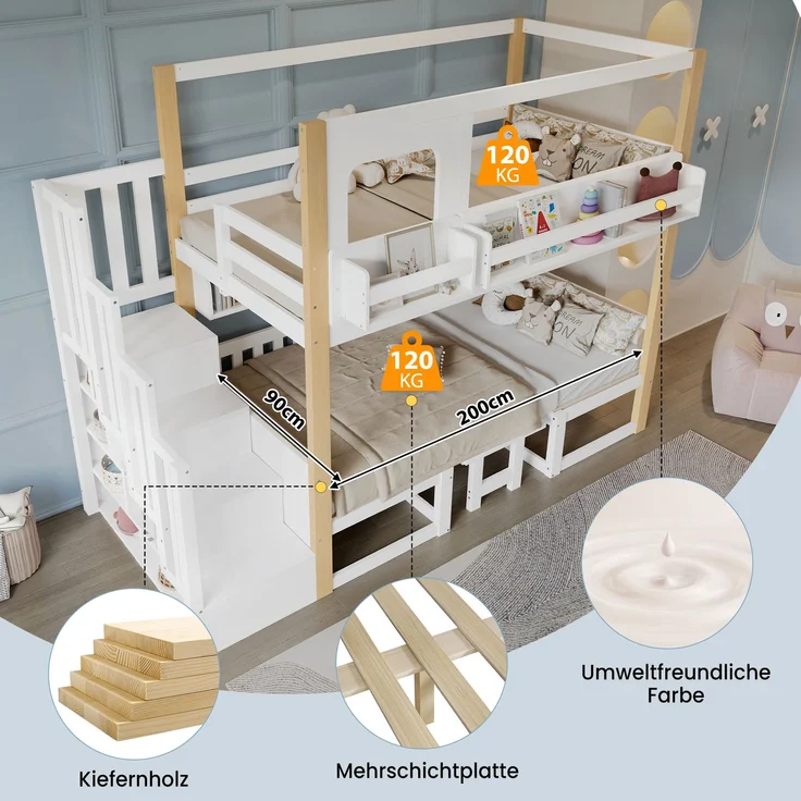 Merax Etagenbett, 90x200cm Kinderbett, Multifunktionaler höhenverstellbarer Tisch, mit einem kleinen Bücherregal am Bettrand, Stabile Aufbewahrungstreppe, Weiß+Natur – Bild 6
