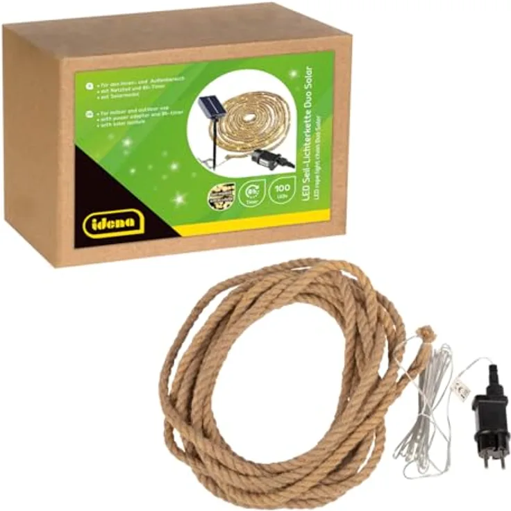 Idena 30520 LED Lichterkette Seil, 100 LEDs in Warmweiß, 9 m lang, für Innen & Außen, mit Solar oder Netzteil, 8 Stunden Timer Funktion