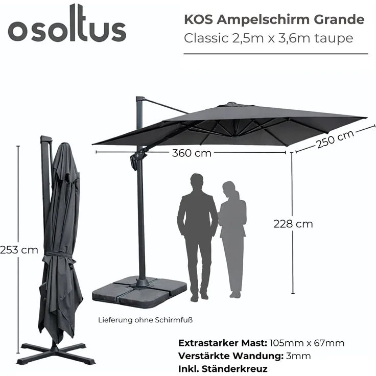 osoltus Ampelschirm KOS Alu-Vario Max 360 x 250cm axial schwenkbar Grau – Bild 3