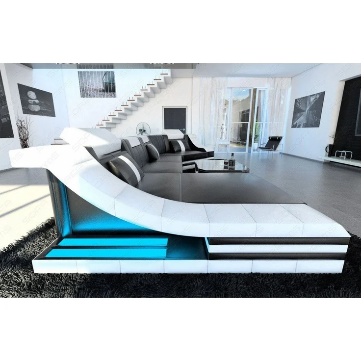Sofa Dreams - Mini Luxus Wohnlandschaft Turino C-Form mit LED - Echtleder - Schwarz-Weiß - Links – Bild 2
