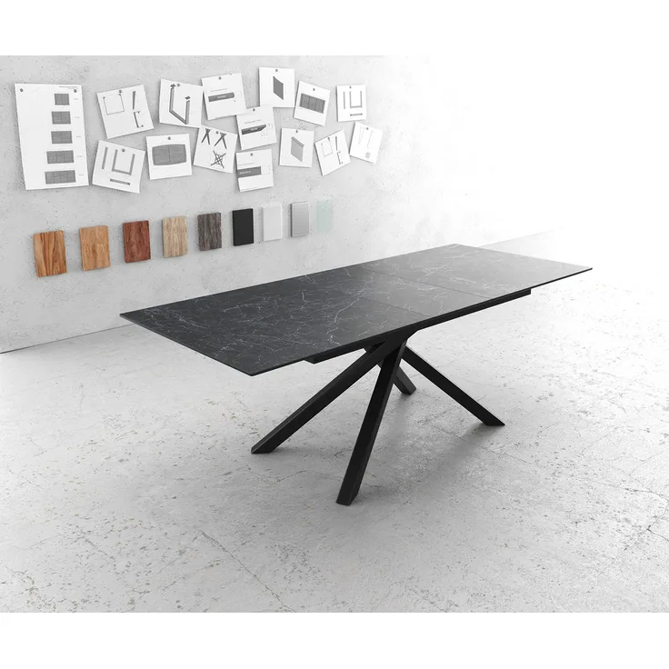 Esstisch Edge 180-220x100cm Keramik Laminam®Nero Greco Anthrazit Kreuzgestell Rechteck Schwarz ausziehbar