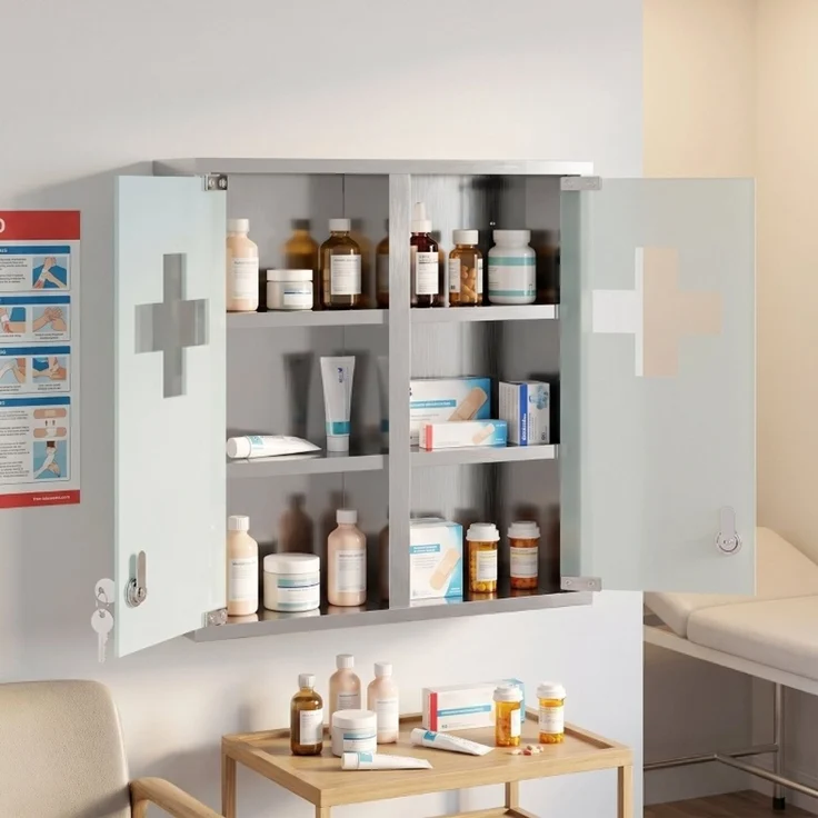 Medizinschrank 48 x 46 x 12 cm mit abschließbaren Milchglastüren und sechs Aufbewahrungszonen – Bild 4