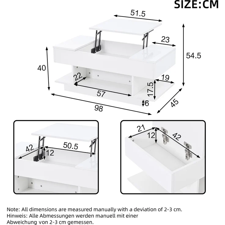 Couchtisch Weiß Hochglanz mit LED, Lift-Top Funktion, seitlichen Ablagen & 4 offenen Fächern, Wohnzimmertisch – Bild 10